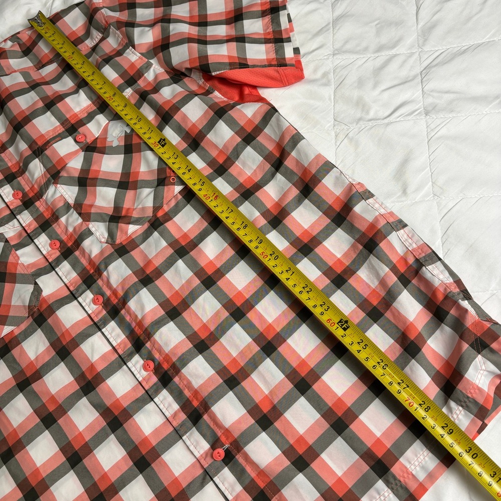 Under Armour Mens L Plaid Button Up Shirt Orange Gray HeatGear Vent Short Sleeve - Picture 12 of 13